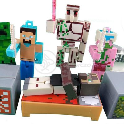 Kit Cartelado Conjunto Minecraft 2 Bonecos + 1 Villager + 1 Enderman + 1 Creeper + 1 Cama + Espadas
