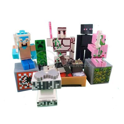 Kit Cartelado Conjunto Minecraft 2 Bonecos + 1 Villager + 1 Enderman + 1 Creeper + 1 Cama + Espadas