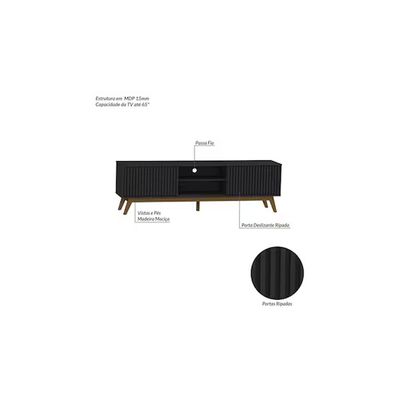 Rack Fox 180cm Ripado Para TV até 65 Polegadas Porta Deslizante 2 Portas 4 Nichos Olivar Móveis Preto
