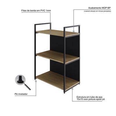 Estante C/03 Prateleiras 84x60x33cm C/fundo Yon Vermont Oak/est.preta Vermont Oak/est.preta