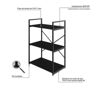 Estante C/03 Prateleiras 84x60x33cm Yon Preto Tx/est.preta Preto Tx/est.preta