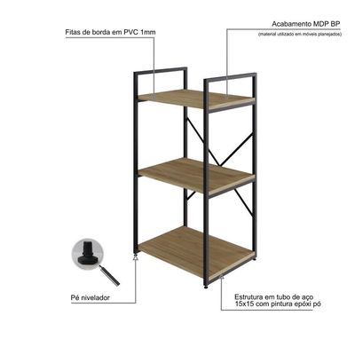 Estante C/03 Prateleiras 84x45x33cm Yon Vermont Oak/est.preta Vermont Oak/est.preta