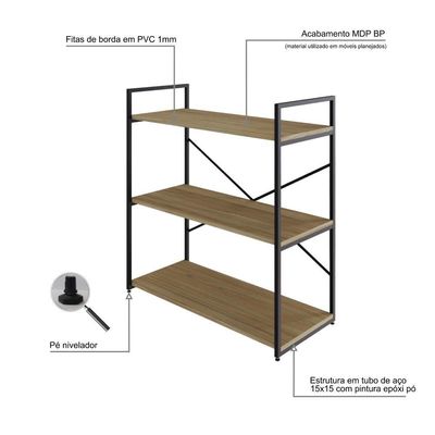 Estante C/03 Prateleiras 84x80x33cm Yon Vermont Oak/est.preta Vermont Oak/est.preta