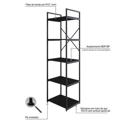 Estante C/05 Prateleiras 152x45x33cm Yon Preto Tx/est.preta Preto Tx/est.preta