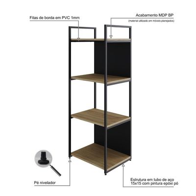 Estante C/04 Prateleiras 118x45x33cm C/fundo Yon Vermont Oak/est.preta Vermont Oak/est.preta