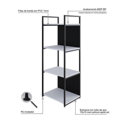 Estante C/04 Prateleiras 118x45x33cm C/fundo Yon Branco Tx/est.preto Branco Tx/est.preta
