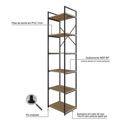 Estante Alta C/06 Prateleiras 185x45x33cm Yon Vermont Oak/est.preta Vermont Oak/est.preta