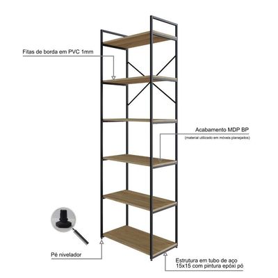 Estante Alta C/06 Prateleiras 185x60x33cm Yon Vermont Oak/est.preta Vermont Oak/est.preta