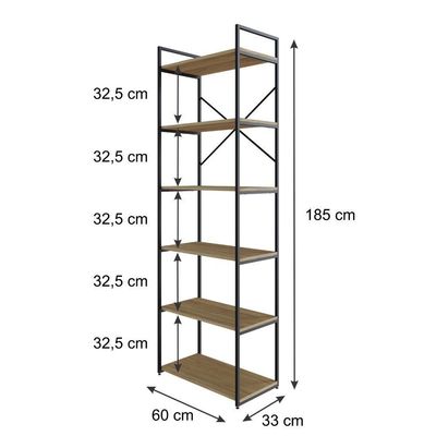 Estante Alta C/06 Prateleiras 185x60x33cm Yon Vermont Oak/est.preta Vermont Oak/est.preta