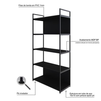 Estante C/05 Prateleiras 152x80x33cm C/fundo Yon Preto Tx/est.preta Preto Tx/est.preta