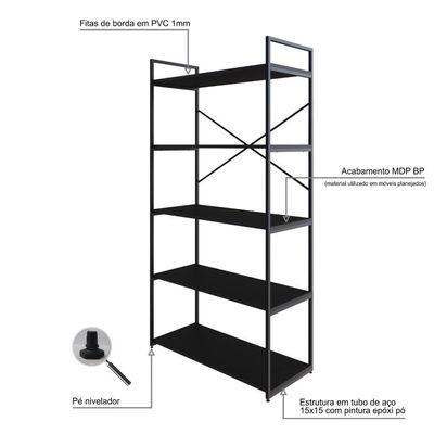 Estante C/05 Prateleiras 152x80x33cm Yon Preto Tx/est.preta Preto Tx/est.preta