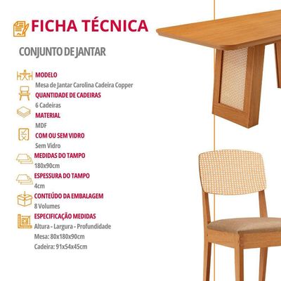 Mesa Carolina 180 Tampo Mdf 6 Cadeiras Moderna  Mobilia