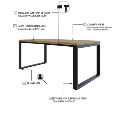 Mesa De Jantar Queens 180x90x77cm Qemj9180 Vermont Oak - Est.preta Vermont Oak/est.preta