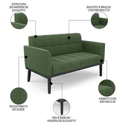 Sofá Namoradeira E 1 Poltrona Base Madeira Preto Ana Suede Verde - Ibiza