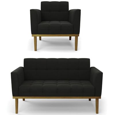 Sofá Namoradeira E 1 Poltrona Base Madeira Castanho Ana Suede Preto - Ibiza