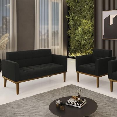 Sofá Namoradeira E 1 Poltrona Base Madeira Castanho Ana Suede Preto - Ibiza