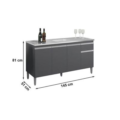 Balcão De Cozinha Para Pia 150cm Tatiane 4 Portas 1 Gaveta Sem Tampo Cinza