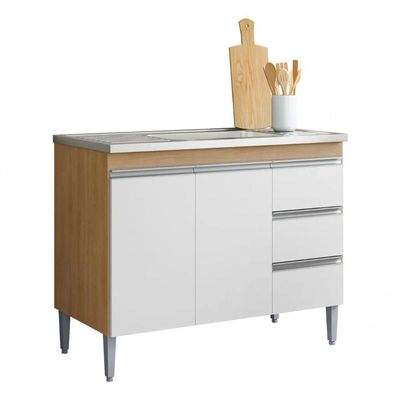 Balcão De Cozinha Andréia 100cm 2 Portas 3 Gavetas Com Tampo Amêndoa/Branco