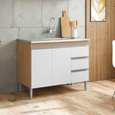 Balcão De Cozinha Andréia 100cm 2 Portas 3 Gavetas Com Tampo Amêndoa/Branco