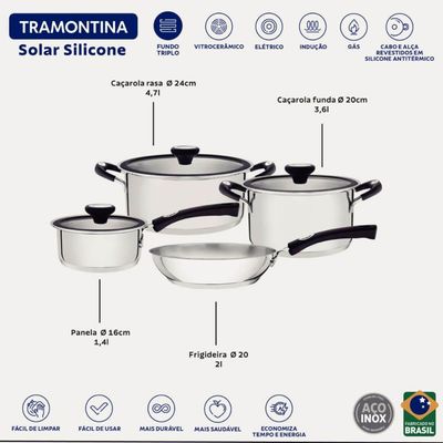 Jogo de Panelas Tramontina Solar 4 Peças Inox Fundo Triplo Cabo Silicone