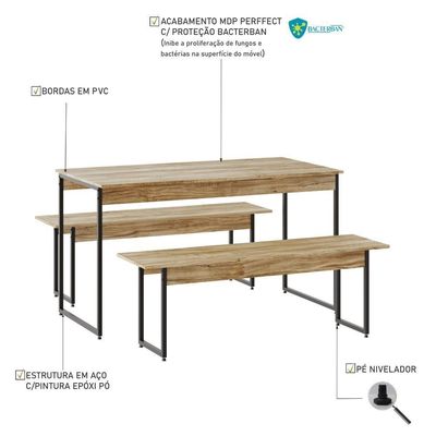 Mesa De Jantar Com 2 Bancos Estilo Industrial Tub  Carvalho / Est.preta