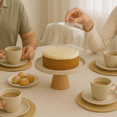 Boleira Porta Bolos com Cúpula e Pé 25x22cm Bege Lume Ou Mesa Posta Doces Tortas