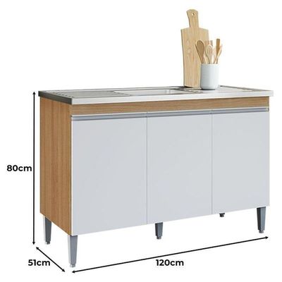 Balcão De Cozinha Para Pia 120cm Manu 3 Portas Sem Tampo Branco Amêndoa/Branco