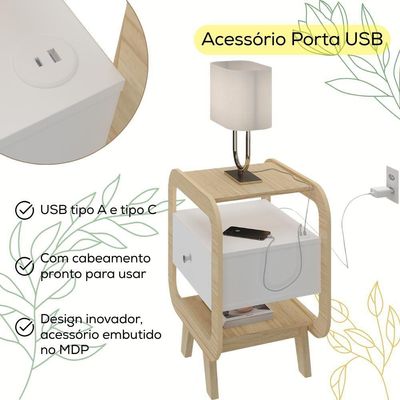 Mesa De Apoio 1 Gaveta 65 Cm Porta Usb Naturale Arly Naturale Branco