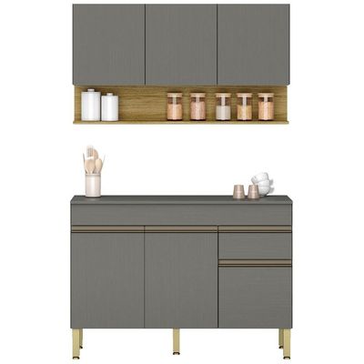 Balcão Com Tampo E Armário Aéreo 120 Cm Line Gris Ktp Gris Cp Freijo