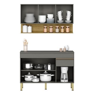 Balcão Com Tampo E Armário Aéreo 120 Cm Line Gris Ktp Gris Cp Freijo