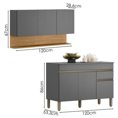 Balcão Com Tampo E Armário Aéreo 120 Cm Line Gris Ktp Gris Cp Freijo