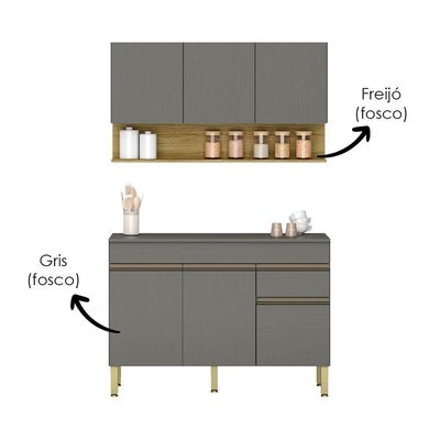 Balcão Com Tampo E Armário Aéreo 120 Cm Line Gris Ktp Gris Cp Freijo