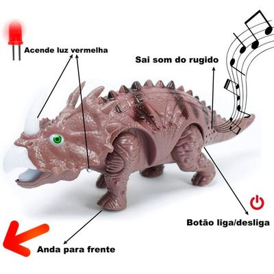 Brinquedo Dinossauro Tricerátops Com Movimento Luzes Led Som Marrom