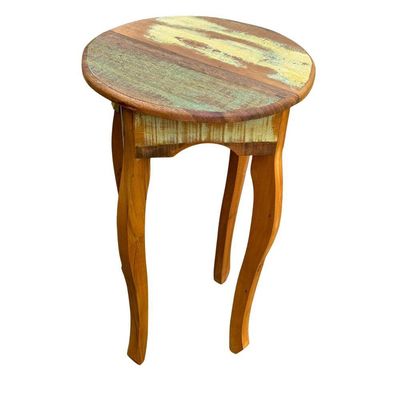 Mesa Lateral Redonda Rústica Em Madeira De Demolição – 40x65cm
