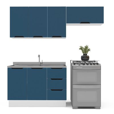 Cozinha Compacta sem Tampo com Rodapé Meena 6 Portas 3 Gavetas Azul e Branca