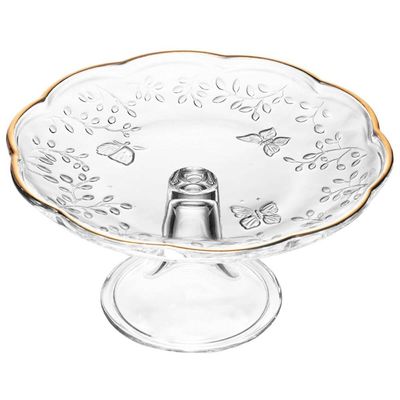 Boleira com Pé Vidro Cristal Prato para Bolo Redondo 19cm Lyor New Butterfly Fio de Ouro