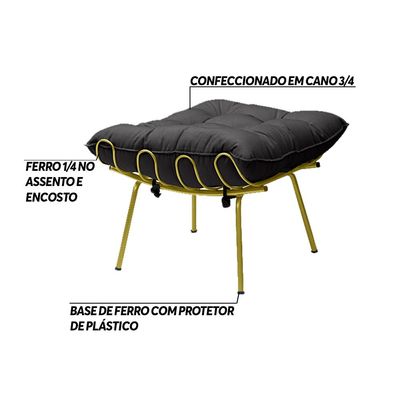 Kit 2 Puff Decorativo Sala de Estar Abel Pés Dourado Veludo Preto - Gran Belo