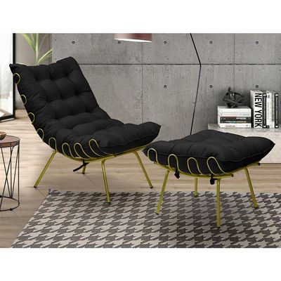 Kit 2 Puff Decorativo Sala de Estar Abel Pés Dourado Veludo Preto - Gran Belo