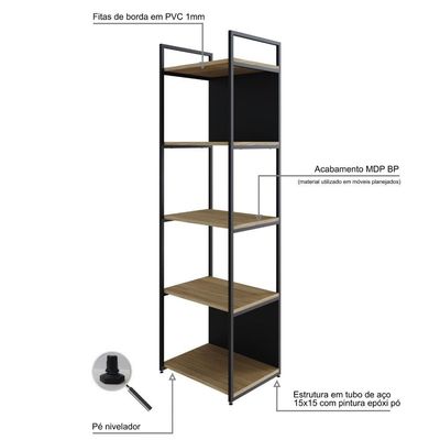Estante C/05 Prateleiras 152x45x33cm C/fundo Yon Vermont Oak/est.preta Vermont Oak/est.preta