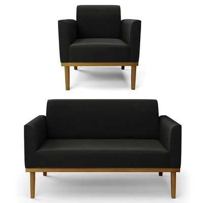 Sofá Namoradeira E 1 Poltrona Base Madeira Castanho Maressa Suede Preto - Ibiza