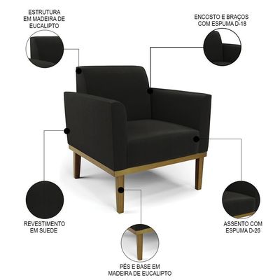 Sofá Namoradeira E 1 Poltrona Base Madeira Castanho Maressa Suede Preto - Ibiza