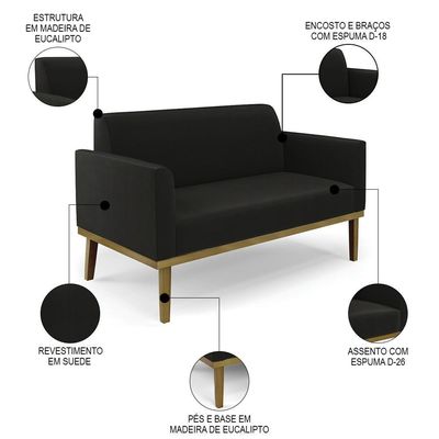 Sofá Namoradeira E 1 Poltrona Base Madeira Castanho Maressa Suede Preto - Ibiza