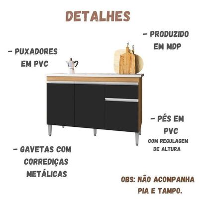 Balcão De Cozinha Para Pia Tatiane 120cm 3 Portas 1 Gaveta Sem Tampo Amêndoa/Preto