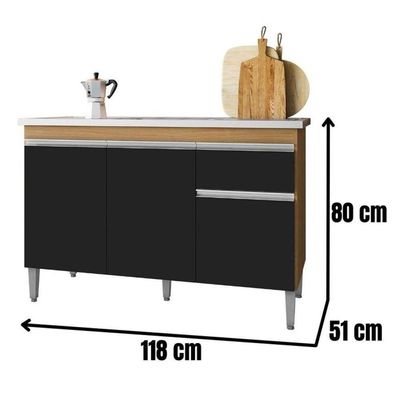 Balcão De Cozinha Para Pia Tatiane 120cm 3 Portas 1 Gaveta Sem Tampo Amêndoa/Preto
