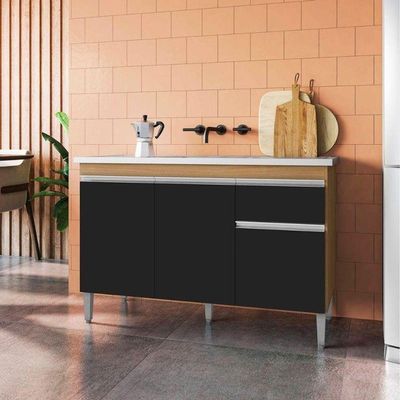 Balcão De Cozinha Para Pia Tatiane 120cm 3 Portas 1 Gaveta Sem Tampo Amêndoa/Preto