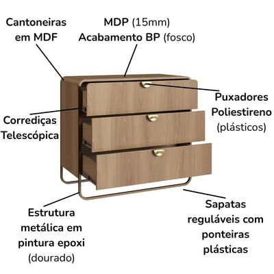 Comoda 3 Gavetas Organica 90 Cm 28068 Artesano Hanover Dourado