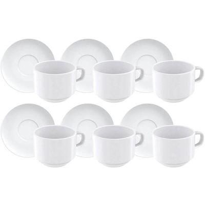 Conjunto 6 Xícaras de Chá com Píres Porcelana 240ml Branco Paola Tramontina Café Mesa Posta