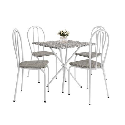 Conjunto de Mesa Quadrada com Tampo Granito e 4 Cadeiras Léia Revestimento Sintético Branco e Grafiato