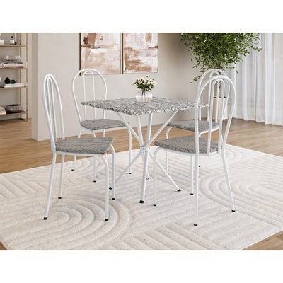 Conjunto de Mesa Quadrada com Tampo Granito e 4 Cadeiras Léia Revestimento Sintético Branco e Grafiato