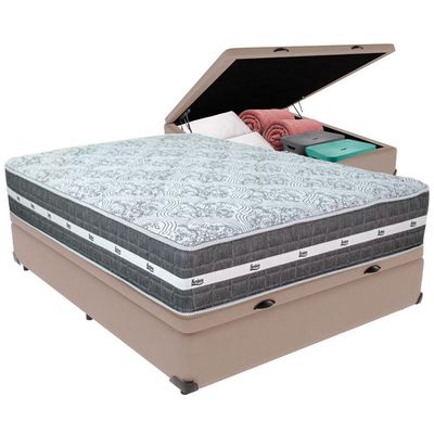 Cama Box Baú Bege E Colchão Black Graphite Molas Ensacadas Casal